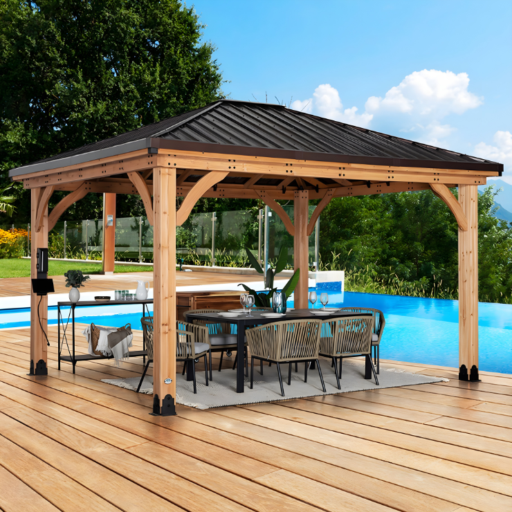 Backyard Discovery Barrington 14×12 Cedar Hardtop Gazebo with Galvanized Steel Roof & PowerPort